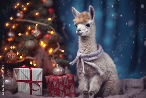 baby Alpaca llama with Xmas Gifts, blurred bokeh tree lights backdrop. Merry christmas and happy new year greeting card or poster