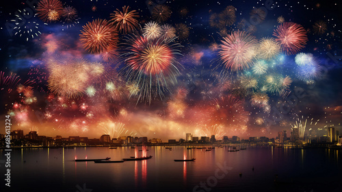 Night Display, Festive Light Show, Colorful Sky Art, Dynamic Firework Display, Glowing Celebration, Vibrant Nighttime Sky, Colorful Explosions, Stunning Pyrotechnics, Explosive Colors, Kaleidoscopic F