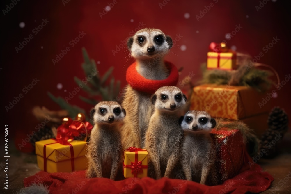 Meerkat family with a festive backdrop, adorned with gifts and a pinecone Meerkat family with a festive backdrop, adorned with gifts and a pinecone