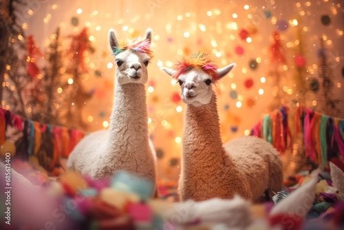 Two alpacas with colorful headpieces celebrating in a whimsical Christmas setting, ideal for a festive print photo