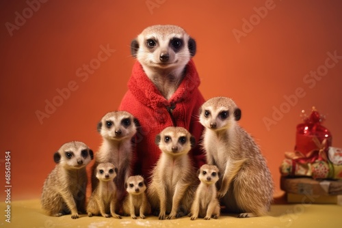 family of meerkats cuddled together, one wearing a red scarf, with gifts in the background