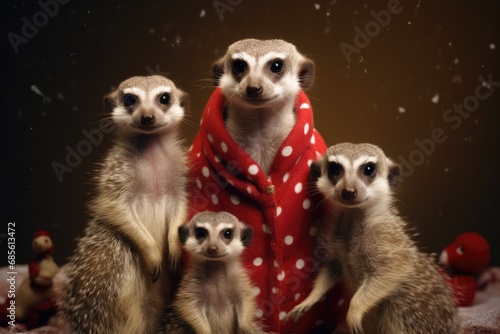 family of meerkats, one in a polka dot cloak, surrounded by soft snowflakes, dark background