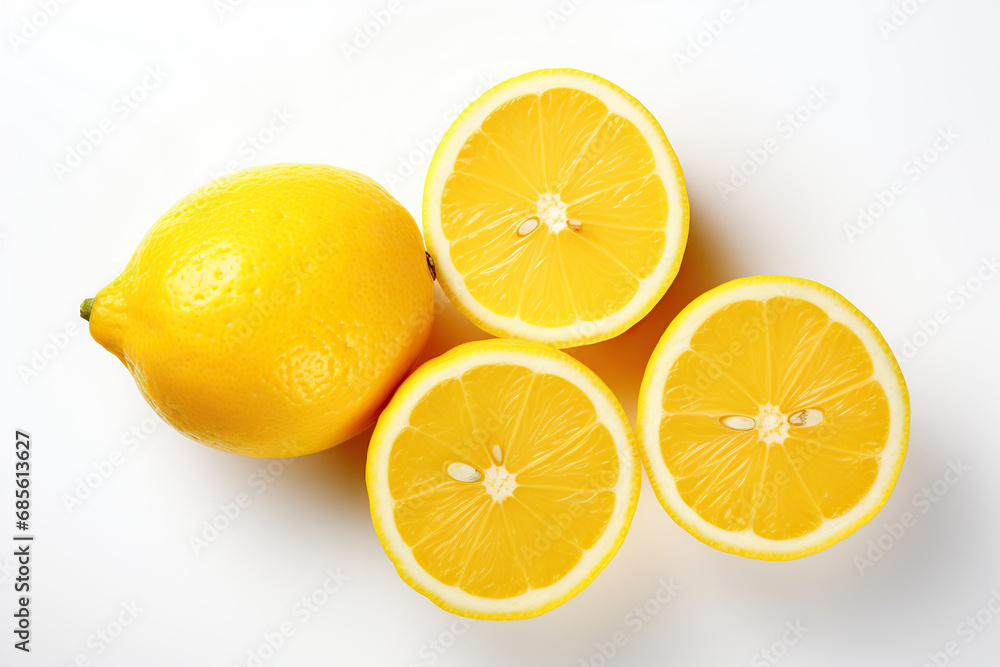 Yellow ripe lemons on a white background. Generated by artificial intelligence Yellow ripe lemons on a white background. Generated by artificial intelligence
