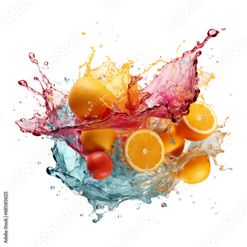 Orange fruit  full leaves and halves with water splashes on the background PNG.