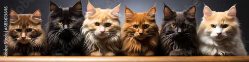 Cats sitting in a row on a wooden floor
