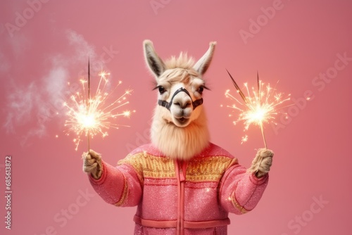Celebrating Alpaca Llama holding Sparklers in paws on pink background, celebrating event party poster, print, card design