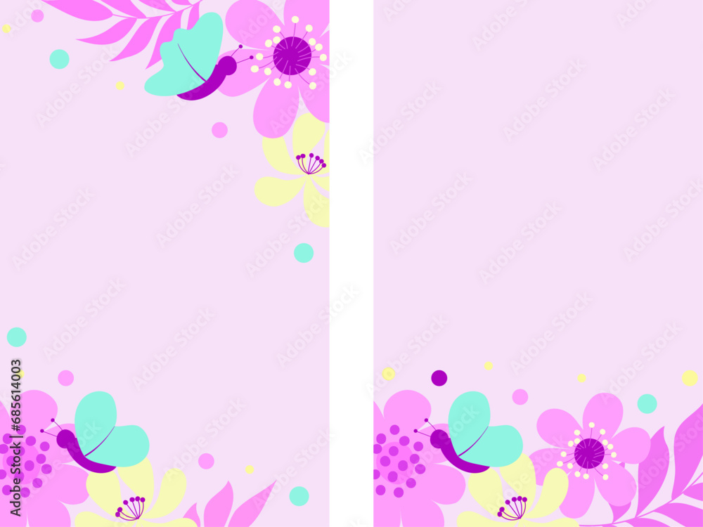 Set of postcards. Bright background with pink flowers and butterflies on a pink background for Women's Day and March 8th. Greeting card invitation for Valentine's Day and Mother's Day. Birthday vector