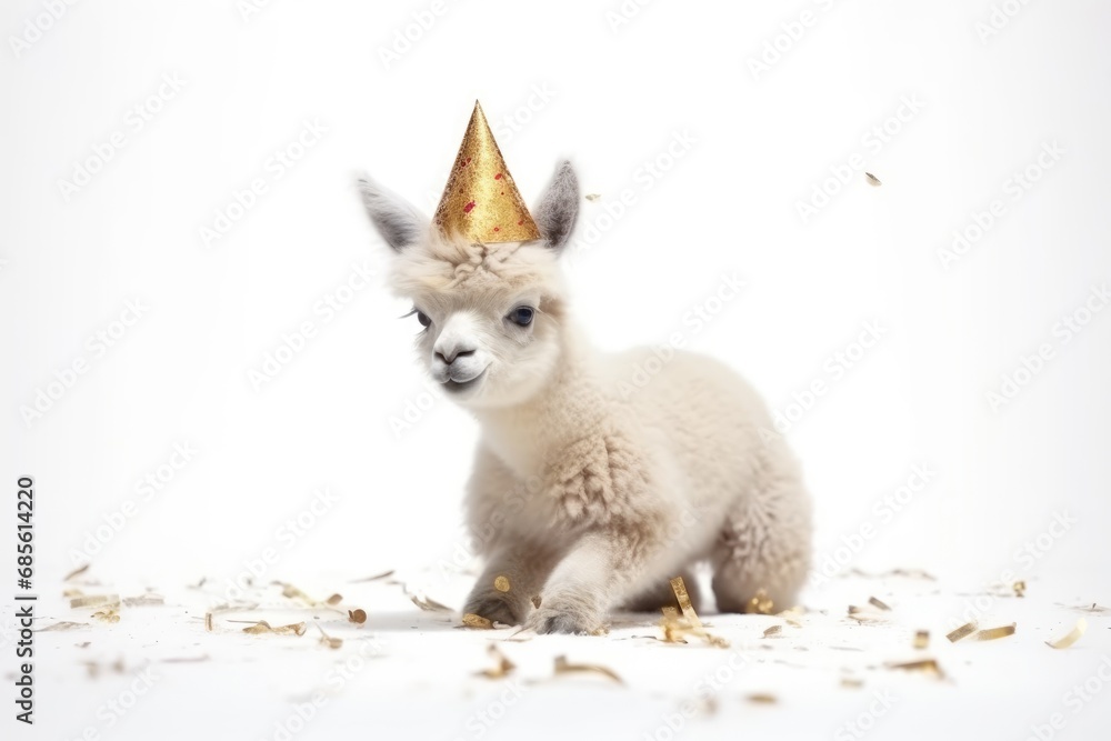 Alpaca with Golden Confetti on a White Background