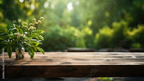 Empty wooden table on blur abstract green from garden in the morning background.For montage product display or design key visual layout © Planetz