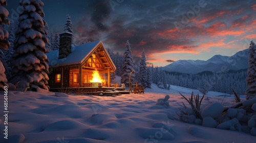 A cozy cabin in the woods photo realistic illustration - Generative AI. © Mariia
