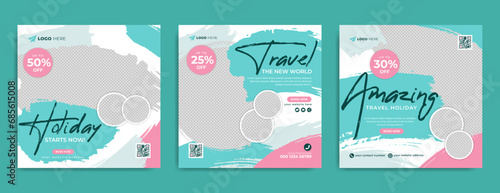 Holiday travel sale business or summer beach travelling promotion social media post or web banner template. Travel, tour and tourism online marketing flyer with grunge paint brush stroke background.