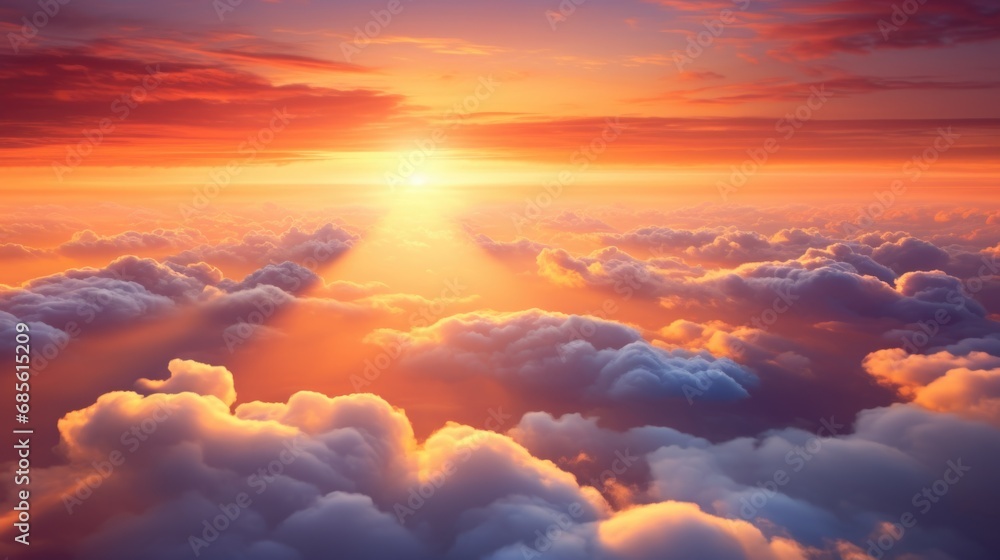 Beautiful sunset sky above clouds with dramatic light. Cabin view from airplane