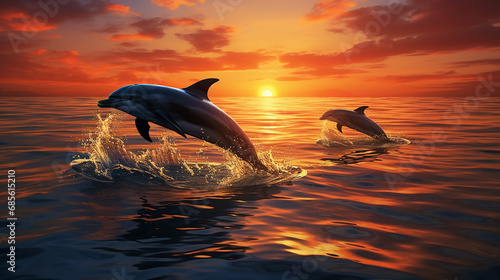 golfinhos pulando no mar  em lindo por do sol  photo