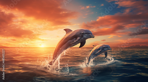 golfinhos pulando no mar  em lindo por do sol  photo