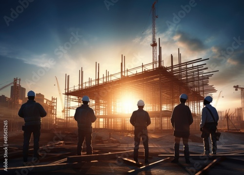 Silhouette construction industry engineer standing orders for worker team to work safety on high ground over blurred background sunset pastel