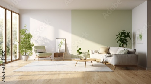 Interior of a beautiful modern room with a sofa and potted plants