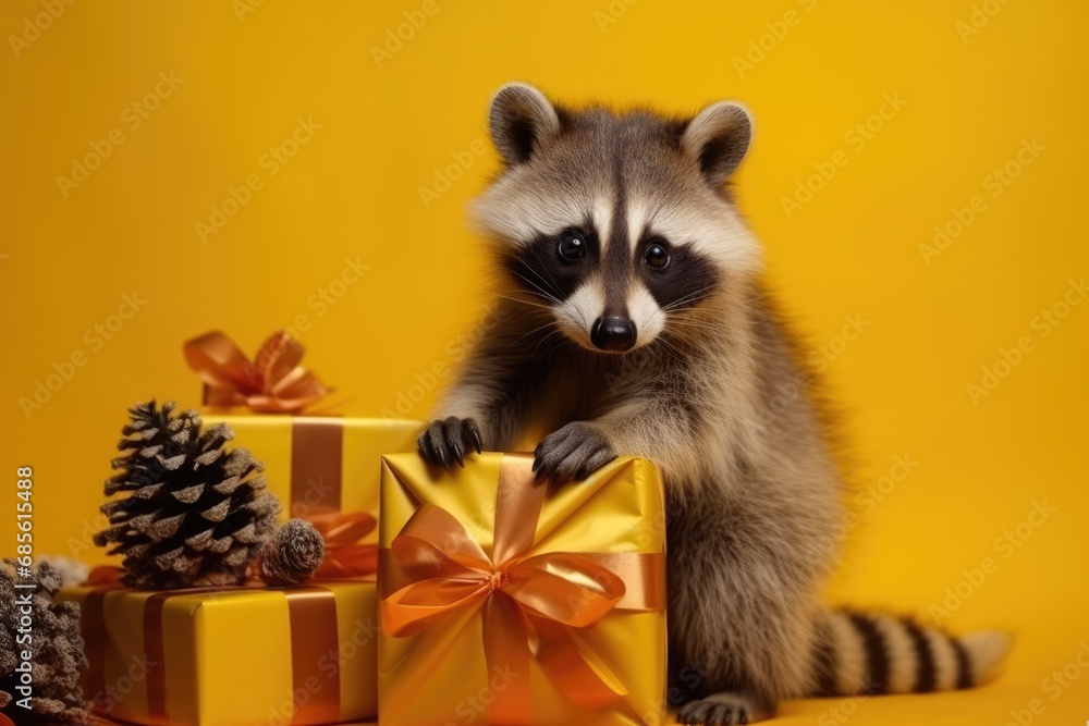 Raccoon with Christmas Gifts in Winter Wonderland, yellow tones background, perfect for greeting card, cover, print Raccoon with Christmas Gifts in Winter Wonderland, yellow tones background, perfect for greeting card, cover, print