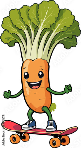 Skateboarding vegetable, child cartoon illustration, vector