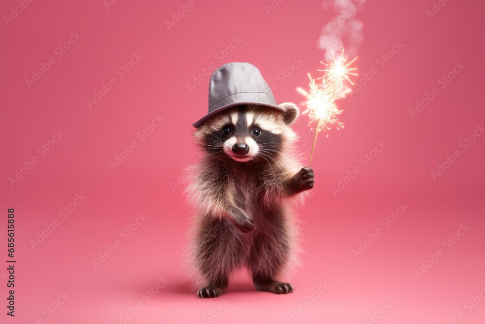 cheerful raccoon holding a sparkler against a vibrant pink background, ready for festivities, greeting card print design cheerful raccoon holding a sparkler against a vibrant pink background, ready for festivities, greeting card print design