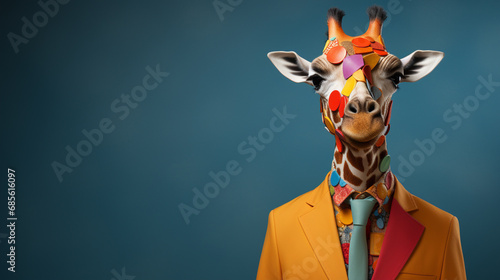 Portrait of giraffe in a coat and tie on a blue background  copy space. Advertisement banner.