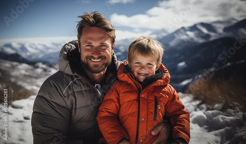 Portrait of father and son in the winter mountains
