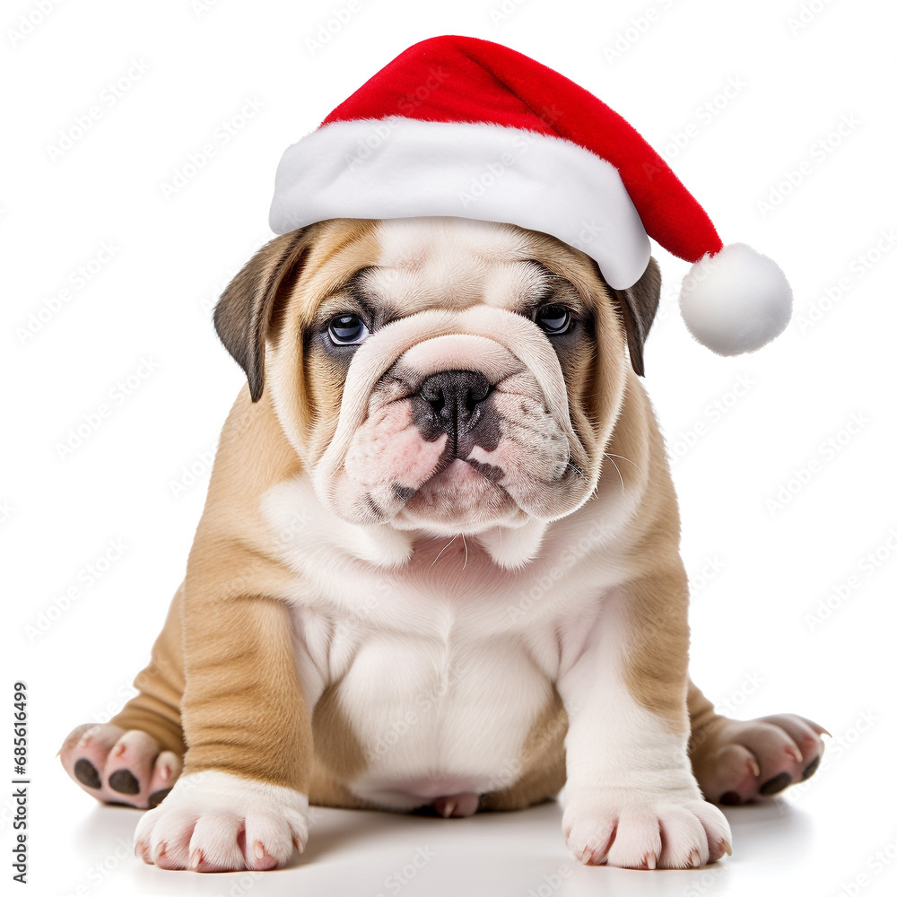 Puppy British Bulldog wearing santa clause hats, Theme christmas on white Background.