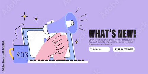 Hand with loud speaker share latest or hot news online on laptop screen. Break for news during working hours. Flat design vector graphic style illustration for web or social media banner, ui, app.