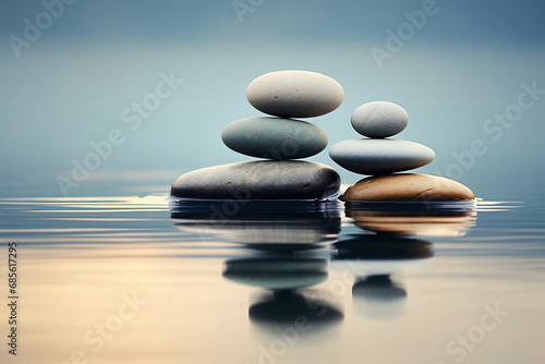 zen stones on the water, Harmony: Balanced Piles of Smooth River Rocks