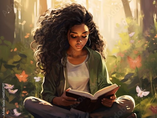 Intellectual Elegance: Woman Engrossed in Illustrated Wisdom, next to the nature