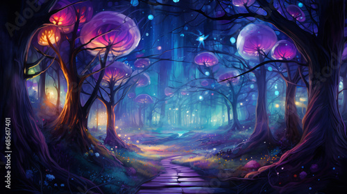 Magical abstract fairytale forest with sparkling