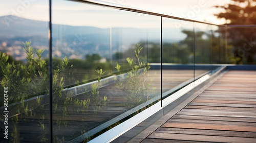 Bild auf Leinwand Contemporary architecture appartment balcony view with exotic wood grooved decki