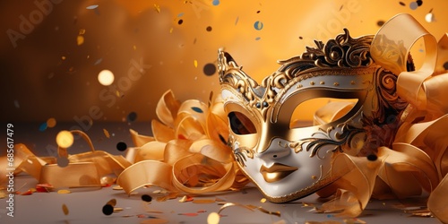 Lujosa y elegante máscara veneciana para eventos festivos y carnaval en fondo dorado con serpentina. photo