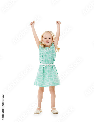 Jump, smile and portrait of girl child with arms up celebration on isolated, transparent or png background. Freedom, energy and excited kid with cheering motivation, support or happy, goal or success
