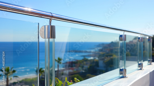 Contemporary architecture appartment balcony view with exotic wood grooved decking and glass railing photo
