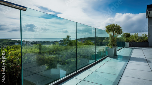 Contemporary architecture appartment balcony view with exotic wood grooved decking and glass railing