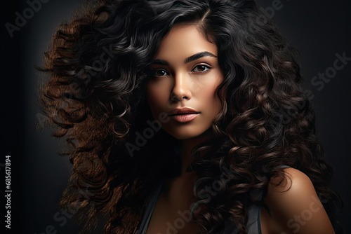 black hair woman with dark curly hair posing on black background