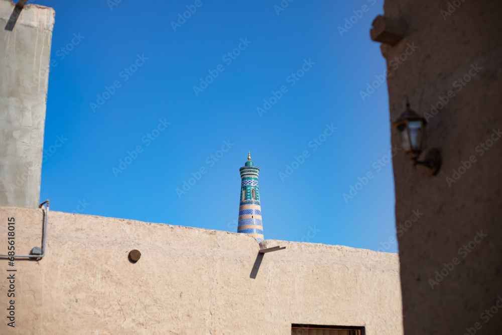 a beautiful tall building in the Citadel, Khiva, the Khoresm agricultural oasis, Citadel.