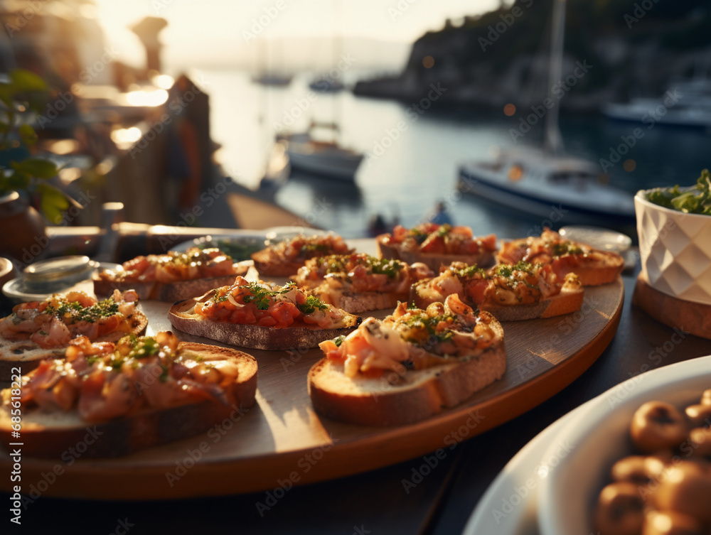 Dinner on the harbour, close-up of a plate of bruschetta on a terrace table at sunset. Generative ai