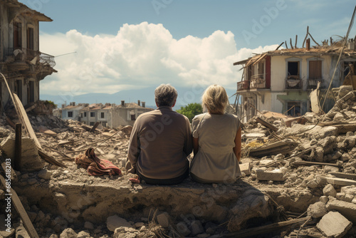 Back view of two old senior couple hug each other looking at ruins of bombed destroyed house building due to war conflict area. Effect from war humanity mankind loss and waste big loss concept.