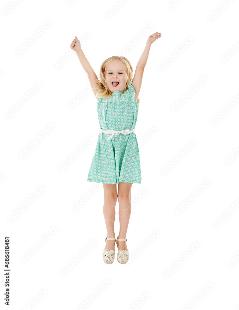 Happy, jump and portrait of girl child with arms up celebration on isolated, transparent or png background. Freedom, energy and excited kid with cheering motivation, support or happy, goal or success Happy, jump and portrait of girl child with arms up celebration on isolated, transparent or png background. Freedom, energy and excited kid with cheering motivation, support or happy, goal or success