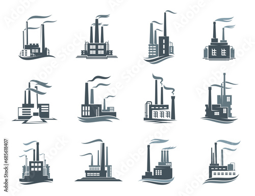 Factory, industrial plant icons of manufacture with chimney smoke, vector symbols. Gas and oil or metallurgy industry factory and power plant icons of pipeline refinery or coal mining and production