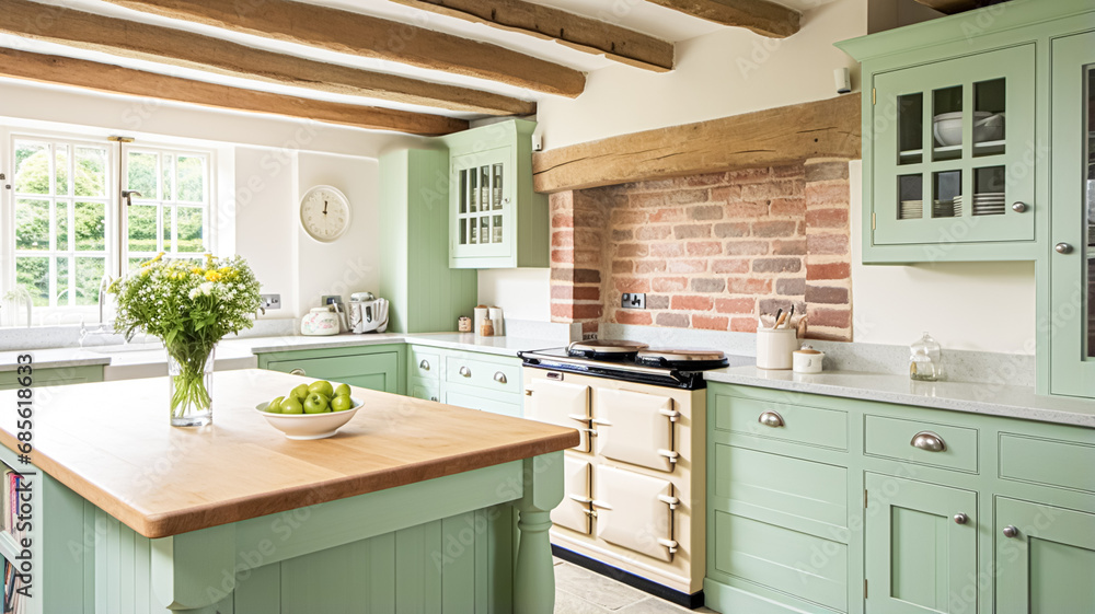 Fototapeta premium Mint cottage kitchen interior design, home decor and house improvement, English in frame kitchen cabinets in a country house