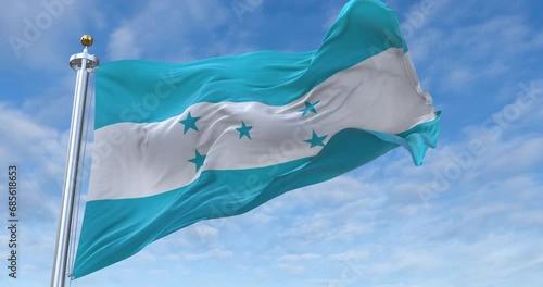 Honduras flag with flagpole waving in wind, rolling clouds background looping, 4K video (Perfect Loop)