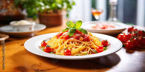 Spaghetti Napoli meal eating pasta lunch with tomato sauce basil tomatoes and cheese panorama