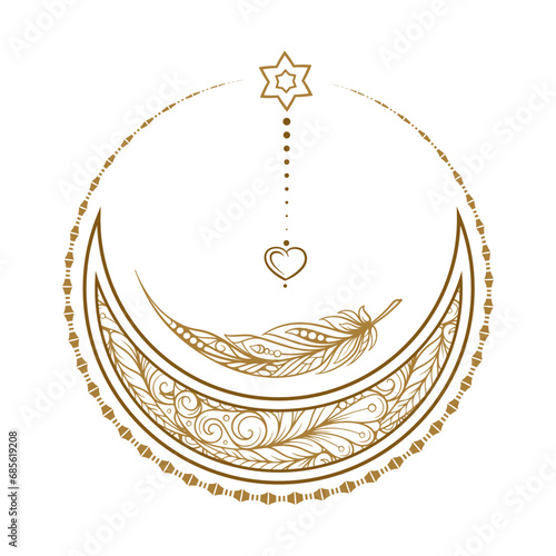 Golden crescent moon boho style illustration. Ethnic style vector graphic.