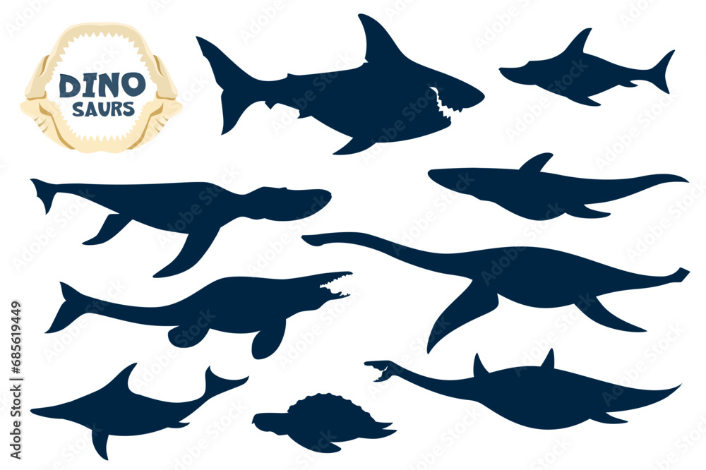 Isolated aquatic dinosaurs cartoon personages silhouettes. Megalodon, Ophthalmosaurus, Liopleurodon and Kronosaurus, Tylosaurus, Plesiosaurus and Ichthyosaur, Archelon sea dinosaurs silhouettes set Isolated aquatic dinosaurs cartoon personages silhouettes. Megalodon, Ophthalmosaurus, Liopleurodon and Kronosaurus, Tylosaurus, Plesiosaurus and Ichthyosaur, Archelon sea dinosaurs silhouettes set