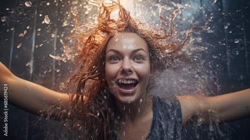 Woman washing her hair with shampoo in the shower