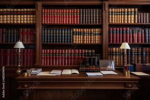 a bookshelf containing volumes of books about Law in Library. Rows of Books and Legal References in a Law Firm