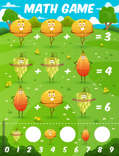 Math game worksheet. Cartoon melon, papaya and grape characters. Children education puzzle, mathematical vector quiz or math game with melon, grape, papaya cute personage doing yoga, fitness exercises