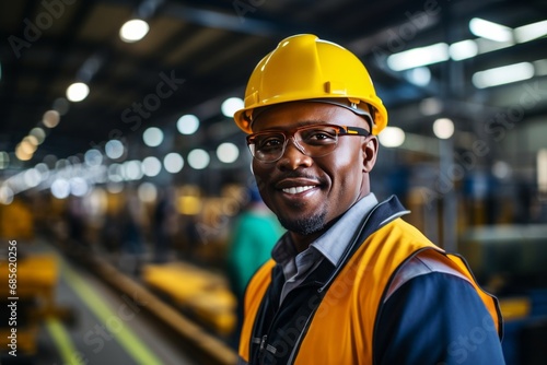 Adult cheerful African American male engineer with beard, technician or factory worker. Confident mature man in a protective helmet and vest operates complex industrial equipment. © Georgii